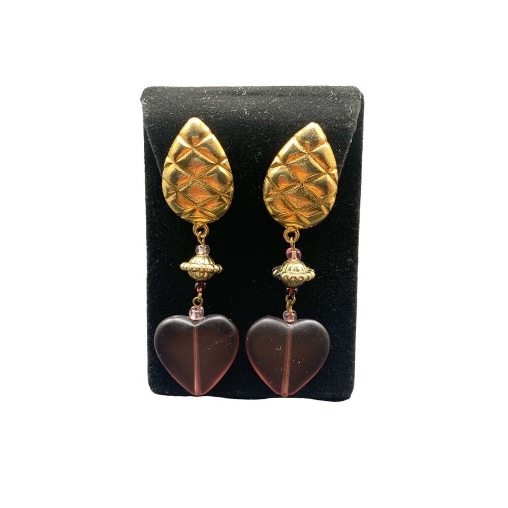 Gold Tone and Frosted Hearts Dangles Clip On Earrings Long Statement Earrings